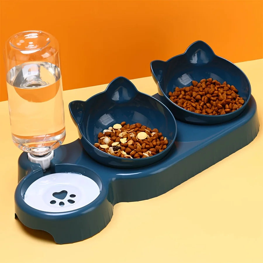 Oscar Paw 3-in-1 Tilted Cat Bowl with Gravity Water Feeder