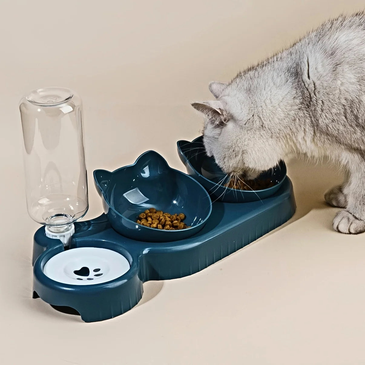 Oscar Paw 3-in-1 Tilted Cat Bowl with Gravity Water Feeder